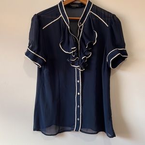 🍎 Forever 21 navy blue semi sheer button up, ruffle detail, size L